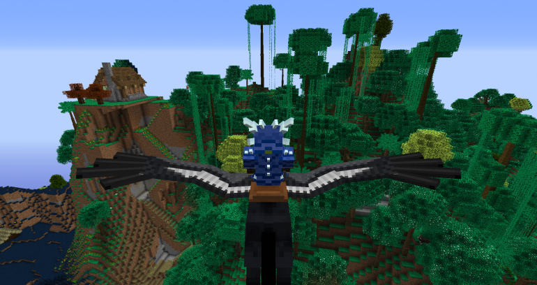 a screenshot from minecraft in which a player rides a hippogriff