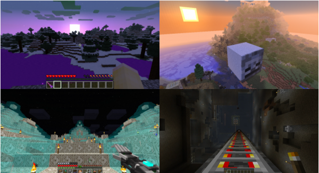 Four screenshots of Minecraft landscapes