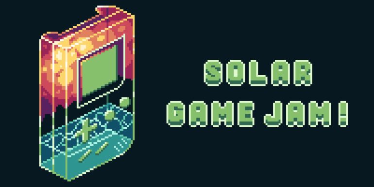 a banner for the solar game jam, featuring an isometric game boy with water and sunlight rednered inside