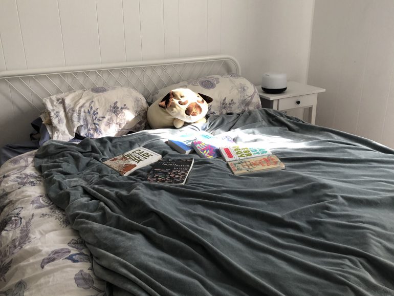 a bed covered with books and a plushy