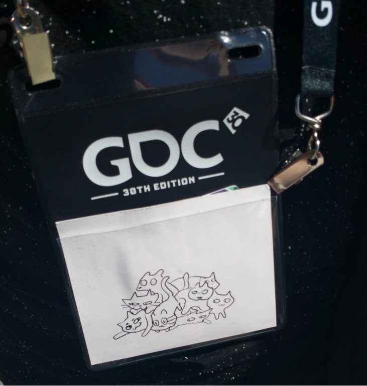 GDC badge, artistically modified and photographed by Paloma. Borrowed from her Twitter: pic.twitter.com/KBjilbZMF6