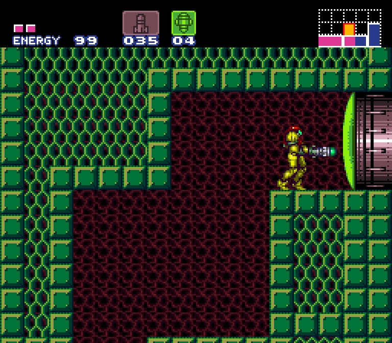 samus aran approaches a green door in super metroid