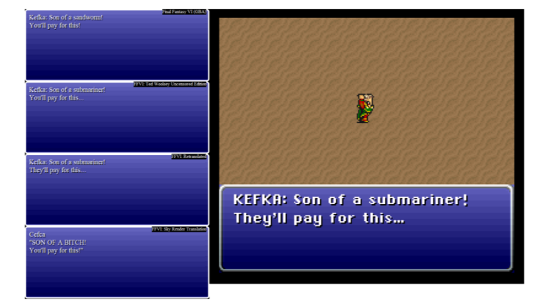 a screen capture from final fantasy iii/vi which displays several translations of the text "son of a submariner"